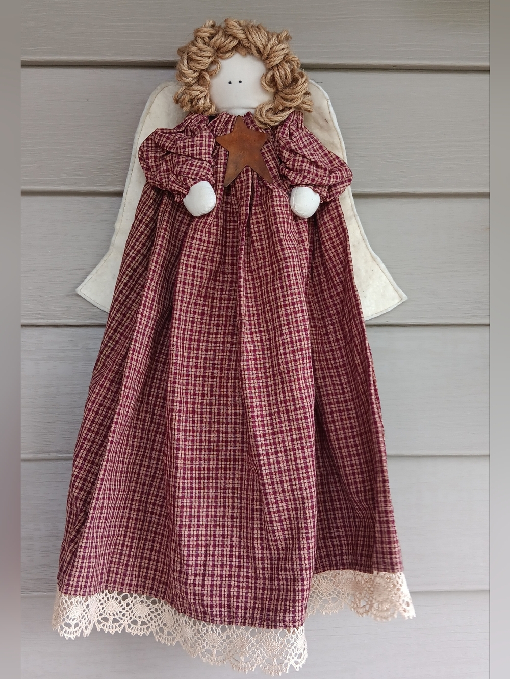 Vintage Primitive Folk Art Angel Doll. Can Hang Or Sit.  20"L X 7"W